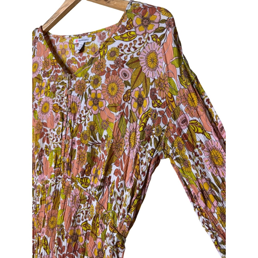 Retro 70s Boho Floral Mini Dress Smocked Waist Cottagecore Small - Picture 6 of 10